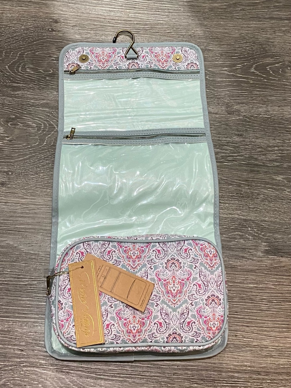 Teal & Pink Tapestry Pattern Hanging Travel Cosmetic & Toiletry Organizer - Picture 4 of 7
